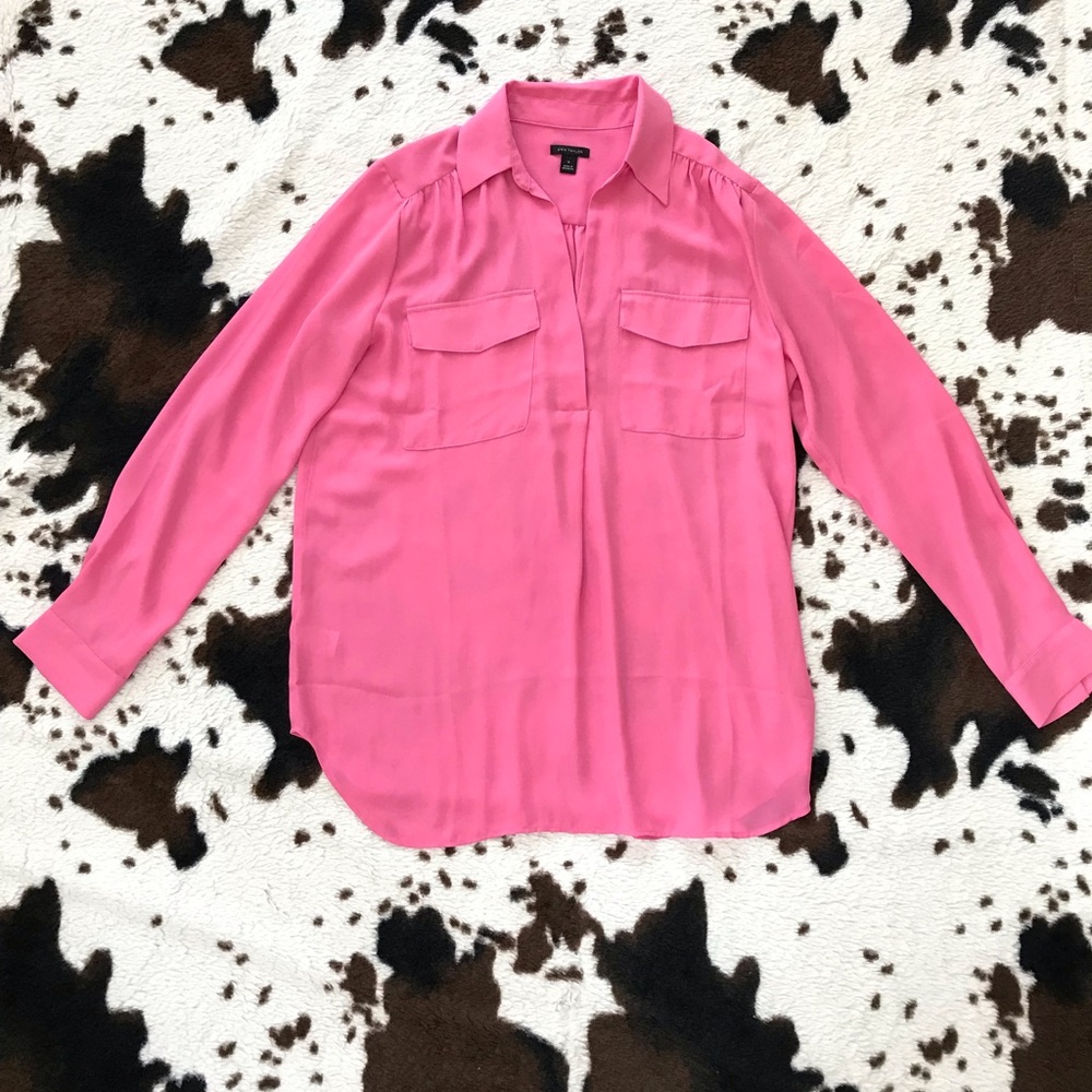 Ann Taylor Hot Pink Sheer Pocket Blouse - M